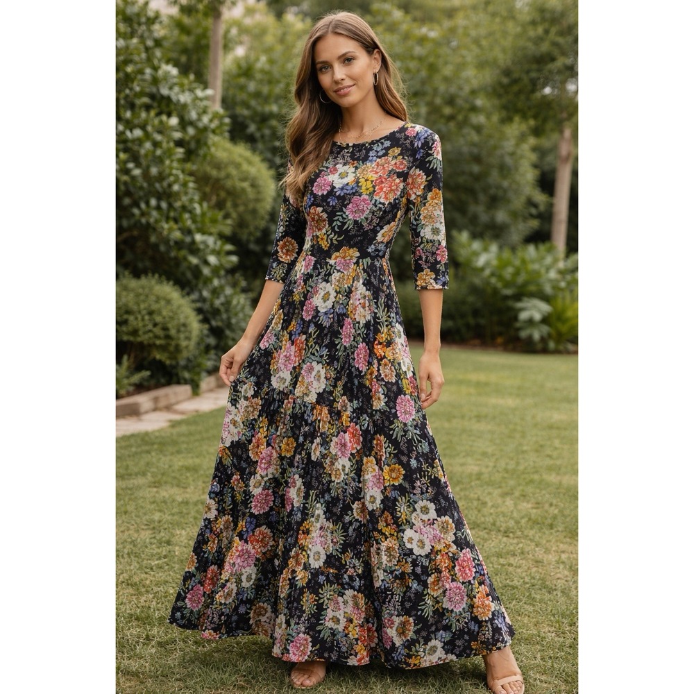 Yumi Kim Floral Maxi Dress Women's XXS Black Multicolor 3/4 Sleeve 57" Length